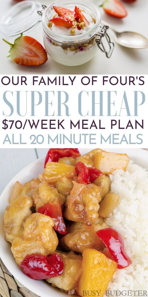 Basically the is a meal plan on a budget - they list the grocery prices for the meal plan and for less than $70 dollars a week, you can feed your family of four breakfast, lunch and dinner. They do a lot of chicken stir fry’s so that the dinners are easy to make (less than 20 minute meals). Great source for easy dinner ideas and cheap and easy meal plans for beginners. #easydinners #chickenstirfry #mealplan 20 Minute Meals, Cheap Meal Plans, Budget Meal Planning, 20 Minute Recipes, Family Meal Planning, Inexpensive Meals, Easy Meal Plans, 15 Minute Meals, Cooking For A Crowd