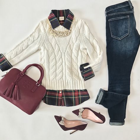 Cable knit sweater, J.Crew plaid shirt, Tory Burch thea double zip satchel, Pearl bib necklace, bow pumps Pearl Bib Necklace, Casual Holiday Outfits, Stylish Petite, Mode Tips, Comfy Sweaters, Bib Necklace, Casual Fall Outfits, Cable Knit Sweater, Fall Shirts