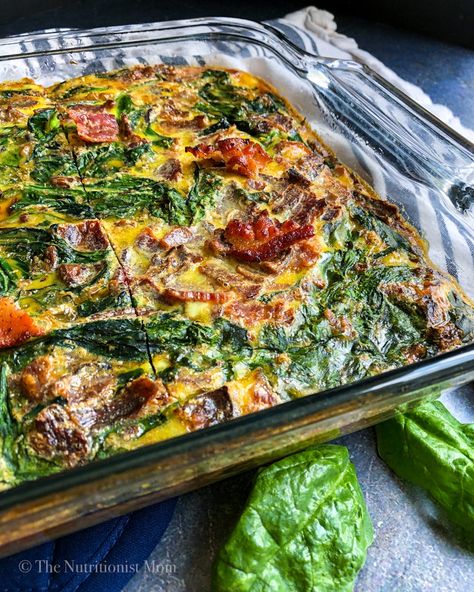 BACON SPINACH & POTATO EGG CASSEROLE (WHOLE30) - Nutritionist Mom Egg Bacon Potato Casserole, Bacon Potato Egg Breakfast Casserole, Bacon Spinach Breakfast Casserole With Gruyère Cheese, Bacon Egg Spinach Casserole, Sausage And Spinach Egg Bake, Potato Egg Casserole, Spinach Potato, Spinach Breakfast, Breakfast Potato Casserole