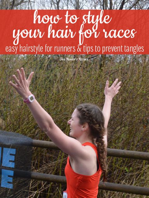 Tired of spending 10 minutes or more detangling your hair after a run? Try this tangle-proof hairstyle for runners for your next race or long run! Long Hair Workout Styles Fitness, Updos For Workouts Gym Hair, Spartan Race Hairstyles, Braids For Runners, Hairstyles For Runners With Long Hair, Hairstyle For Runners, Easy Running Hairstyles Runners, Braids For Running, Running Race Hairstyles