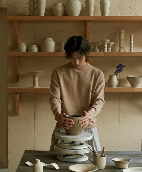 Men Doing Pottery, Guys Doing Pottery, Male Pottery Aesthetic, Ceramics Outfit Aesthetic, Ceramist Aesthetic, Ceramicist Aesthetic, Pottery Photoshoot, Charmed Comics, Pottery Aesthetic