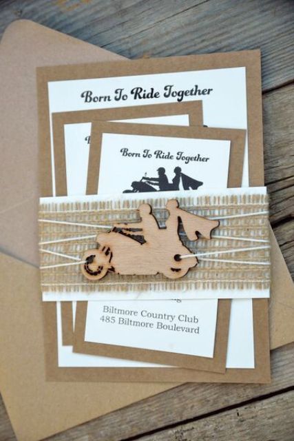 Invitations with wooden motorcycle decor detail Motorcycle Wedding Invitations, Burlap Wedding Invitations, Harley Davidson Wedding, Bike Wedding, Motorcycle Wedding, Rustic Invitation, Biker Wedding, Vintage Chic Wedding, Motorcycle Decor