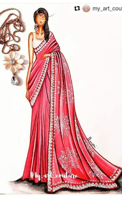 Sari Design Drawing, Saree Croquis, Saree Designs Drawing, Indian Saree Illustration, Saree Illustration Fashion Sketch, Sari Sketch, Saari Illustration, Saree Drawing Sketches, Saree Illustration Sketch