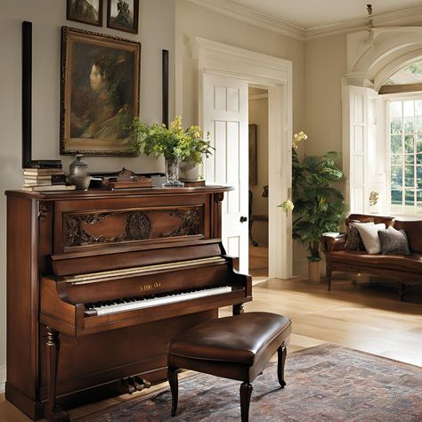 Grand Piano Library Room, Fancy Music Room, Upright Piano Decor Living Rooms, Pianino In Living Room, Vintage Piano Room, Piano Sunroom, Grand Piano Decorating Ideas, Room With Piano, French Country Piano