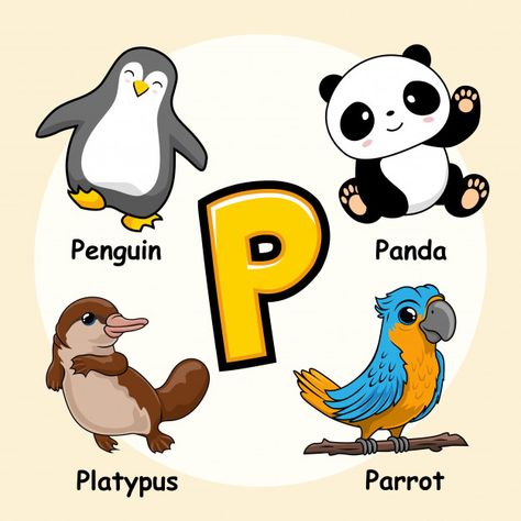 Cute animals alphabet letter p | Premium Vector P For Penguin, Letter Animals, P Alphabet, Animal Alphabet Letters, Animals Alphabet, Craft Printables, Baby Panda Bears, Happy Panda, Flashcards For Kids