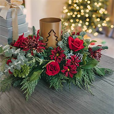 Christmas Flower Centerpieces: Holiday Centerpieces | FTD Tree Lantern, Poinsettia Care, Tree Lanterns, Wood Centerpieces, Red Carnation, Fresh Flowers Arrangements, Holiday Centerpieces, Gold Christmas Tree, Christmas Flowers