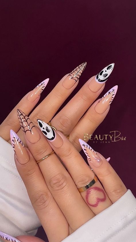 Get into the Halloween spirit with these spooky nail designs for 2024! From creepy cobwebs to ghostly ghouls, these nails will add a hauntingly chic touch to your look. 🕸️ Perfect for any Halloween event, explore creative styles that bring out the fright in a fashionable way. Discover more and get inspired for your next manicure! #HalloweenNails #SpookyStyle #NailArt Nail Design Halloween Ideas, Halloween Nails 2024 Stiletto, Halloween Nail Designs Stiletto Long, Halloween Nails Art Designs, Halloween Gender Reveal Nails, Long Almond Fall Nails, Halloween Nails Stilleto Shape, Halloween Nails Acrylic Almond, Hollowed Nails