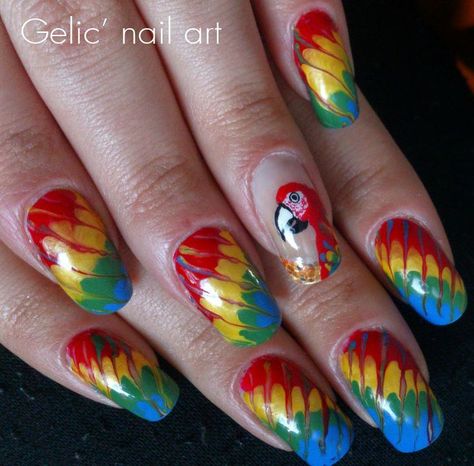 Gelic' nail art: Parrot needle dragging nail art Parrot Nail Art, Parrot Nails, Nail Art For Summer, Nail Art Designs For Summer, Bird Nails, Art For Summer, Bird Nail Art, Pretty Manicures, Funky Nail Art