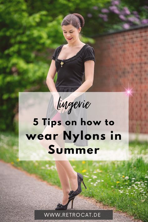 Five tips on how to wear nylons and seamed stockings in spring and summer. Stocking Outfits Summer, How To Wear Stockings, Stockings Outfit Vintage, Stocking Outfits, Retro Pool Parties, Secret In Lace, Light Summer Dresses, Stockings Outfit, Fully Fashioned