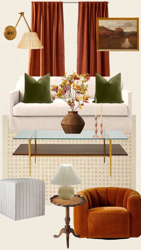 Orange Accents Living Room, Burnt Orange Living Room Decor, Cream And Gold Living Room, Terracotta Living Room, White Couch Living Room, Basement Patio, Burnt Orange Living Room, Porches Ideas, Decorative Drawing