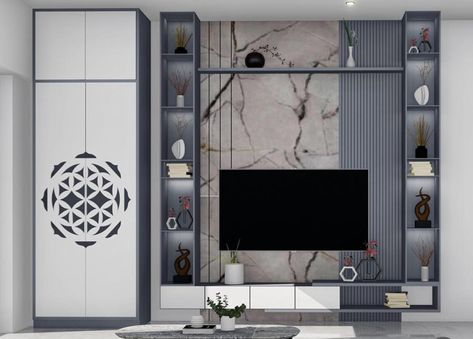 Tv Unit For Small Living Room, Tv Cabinet With Pooja Unit, Tv Unit With Puja Unit, Tv Unit With Pooja Unit, Pooja Units, Mandir Door, Puja Unit, Tv Cabinet Design Modern, Kitchen Unit Designs