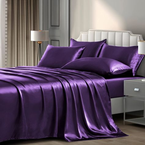 PRICES MAY VARY. 100% Polyester Satin 6 PIECES SILKY SATIN BED SHEET SET - Luxury satin sheets full set includes 1 x Deep Pocket Fitted Sheet (54" x 75" + 16"), 1 x Flat Sheet (81" x 92"), 4 x Pillowcases (20" x 30"). Deep pocket fitted sheet with elastic all around, suitable for 14" to 16" deep mattress. P Pothuiny have collected everything you need to upgrade your bedding, these are some of the softest and most affordable sheets you will ever find. TOP QUALITY CONSTRUCTION - Purple Silky Satin Silk Sheet Set, Cama King Size, Soft Bed Sheets, Silk Bedding Set, Silk Sheets, Satin Bedding, Satin Sheets, King Sheets, Queen Sheets