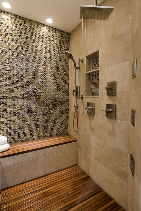 Designed by Gayle Safford at Geneva Cabinet Gallery Wheelchair Accessible Shower, Teak Shower Floor, Teak Shower Mat, Teak Shower Bench, Teak Bathroom, Master Shower, Shower Seat, Shower Bench, Wheelchair Accessible