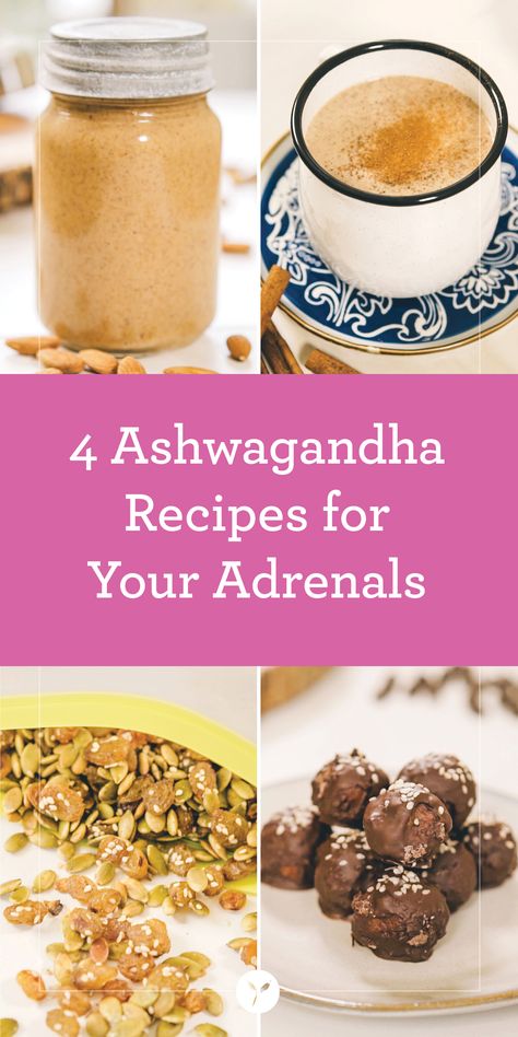 When it comes to the adrenal glands, which are responsible for many functions, including the production of key stress hormones like cortisol, aldosterone, and adrenaline, adaptogens can be especially beneficial. These 4 delicious recipes with ashwagandha, an adaptogenic herb, are delicious and supportive for your adrenals at the same time! Ashwagandha Drink Recipes, Misty Mountain Health Retreat Recipes, Herbal Recipes Food, Ashwagandha Powder Recipes, Adaptogenic Recipes, Adaptogen Recipes, Herbal Eats, Aryuvedic Recipes, Ashwagandha Recipes