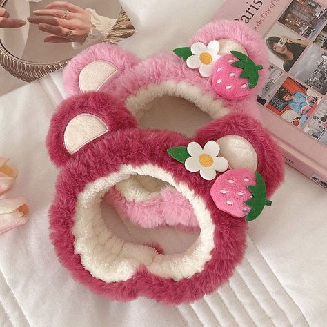 Cute Skincare Headband, Kawaii Skincare, Skin Care Headband, Makeup Headband, Strawberry Color, Strawberry Hair, Cat Ears Headband, Spa Headband, Crochet Bows