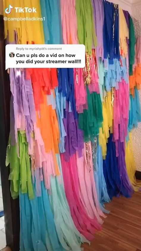 Fiesta Fringe Backdrop Diy, Coachella Theme Backdrop, Photo Wall Collage Backdrop, Make Your Own Photo Backdrop, Colorful Fringe Backdrop, Steamer Backdrop Diy, Bright Party Decorations, Cool Backdrop Ideas, Colorful Bday Party Ideas