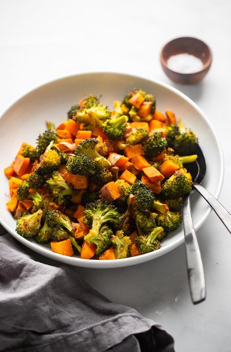 Roasted Sweet Potatoes and Broccoli Roasted Broccoli And Sweet Potatoes, Roasted Sweet Potatoes And Broccoli, Sweet Potatoes And Broccoli, Sauteed Sweet Potatoes, Glucose Goddess, Potatoes And Broccoli, Protein Options, Garlic Broccoli, Grilled Sweet Potatoes