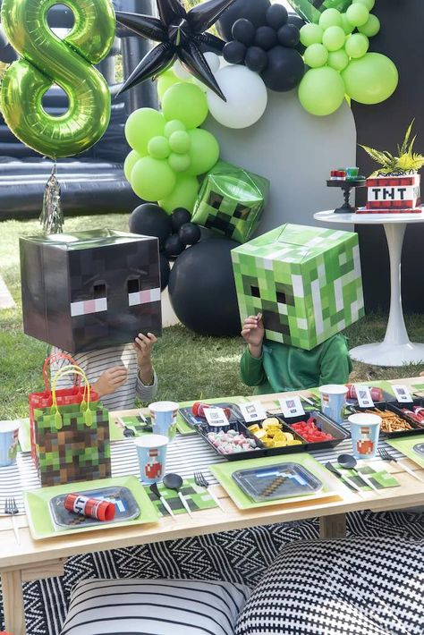 Kara's Party Ideas Minecraft Birthday Party | Kara's Party Ideas Minecraft Birthday Party Decorations, Minecraft Birthday Decorations, Diy Minecraft Birthday Party, Minecraft Party Decorations, Minecraft Bday, Fortnite Background, Minecraft Party Ideas, Minecraft Theme, Diy Minecraft