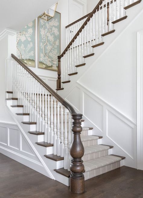 Stair Railing Traditional, Stairs With Runner, Church Entryway, Villa Stairs, Wood Banister, House Diys, Classic Staircase, Stairs Trim, Transitional Staircase