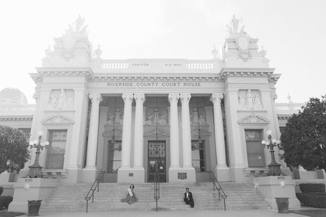 Downtown Riverside, CA courthouse elopement black and white. Historic California courthouse elopement. Alternative to Santa Barbara Courthouse. Riverside City, Downtown Riverside, San Francisco City Hall Elopement, Riverside Wedding, How To Get Married, Courthouse Elopement, Riverside Weddings, Santa Barbara Courthouse, Mission Inn