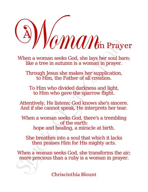 "This high quality, printable Christian poem is a perfect way to decorate your home or office. Great for powerful women who pray. Download now! MORE COLORS AVAILABLE. PLEASE CHECK OTHER LISTINGS BELOW. DETAILS: FIVE SIZES 4\" x 6\" (10.16cm x 15.24cm) 5\" x 7\" (12.7cm x 17.78cm) 8.5\" x 11\" (21.59cm x 27.94cm) 11\" x 17\" (27.94cm x 43.18cm) 18\" x 24\" (45.72cm x 60.96cm) High Quality, Adjustable, Affordable The word \"SAMPLE\" is a watermark and WILL NOT appear on your download! If you are looking for the 2\"x2\" and 3\"x3\" versions in assorted colors for keychains, magnets, pendants, stickers, etc., please click the link below: https://www.etsy.com/listing/1577251577/ If you are looking for the 4\"x4\" versions in assorted colors for coasters and magnets, please click here: https://w Christian Poems For Women, Christmas Devotion For Ladies, Women Praying Quotes, Power Of A Praying Woman Quotes, The Power Of A Praying Woman, Godly Women Quotes, Christian Woman Encouragement, Christian Poems, Women Church