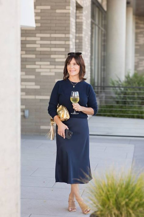 The Fall Staples a Nordstrom Buyer Wears to Look Fashionable | Who What Wear So Susie, Navy Sweater Dress, Slim Straight Pants, Pretty Shirts, Trim Jacket, Slip Skirt, Faded Denim, Denim Midi Skirt, Bread Pudding