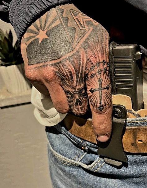 #AZ #good #evil #tattoo Texas Hand Tattoos For Guys, Good And Evil Sleeve Tattoo, Live Evil Tattoo, Mens Tattoos Ideas Hand, Mob Tattoo For Men, Good Versus Evil Tattoo, Rare Tattoos Men Hand, The Evil Within Tattoo, Evil Tattoos For Men