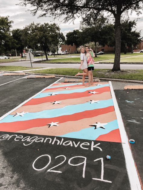 Cheer Senior Parking Spot, Western Parking Spot Painting, Cute Parking Spot Paintings, Parking Spot Painting High School Cute, Cute Senior Parking Spot Ideas, Painted Parking Spots, Cute Parking Spot Painting Ideas, Highschool Parking Spot Ideas, Senior Spots