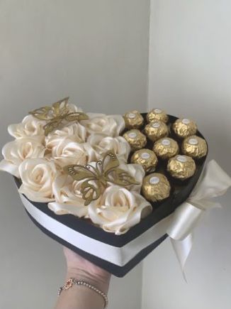 Valentine’s Day Eternal Roses, Mother’s Day Eternal Bouquet, Ribbon Roses With Chocolate, Number Gift Ideas, Ribbon Rose Box, Forever Lasting Bouquet, Eternal Flowers Ideas, Ribbon Flower Ideas, Chocolate Box Gift Diy