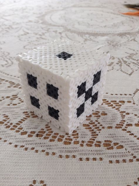 Made a 3-d dice out of pearler beads for my brothers birthday Perler Bead Dice, D20 Perler Bead Pattern, Perler Bead Lighter, Dice Bead Bracelet, Perler Bead Rubix Cube, Perler Beads, Bead Crafts, Pixel Art, 3 D