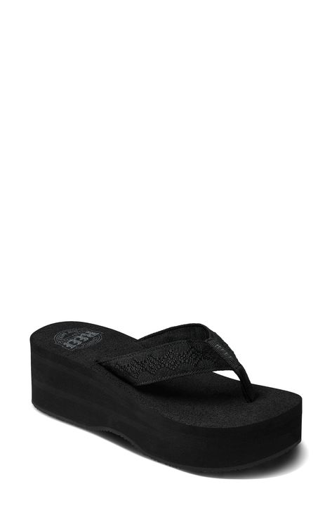 Subtle geometric details accent the strap of this platform flip-flop built for grab-and-go comfort on a springy, triple-density footbed. Polyester textile upper and lining/rubber sole Imported Black Platform Flip Flops, Platform Flip Flops, Black Platform, Platform Wedge Sandals, Platform Wedge, Platform Wedges, Flip Flop, Flip Flop Sandals, Platform Sandals