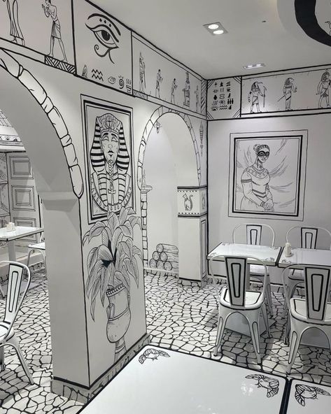 Sketch Lagos is a two-dimensional/three-dimensional café and restaurant located in heart of Victoria Island, Lagos. The restaurant uses artistic tricks of illusion to give the appearance of a completely two-dimensional/three-dimensional ancient Egyptian-themed experience in real life. 2d Restaurant, Sketch Restaurant, Bungalow Interior, Modern Restaurant Design, Victoria Island, 3d Panels, Modern Restaurant, Beautiful Spaces, Cafe Coffee