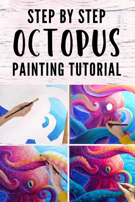 a step by step art tutorial teaching you how to paint this colorful octopus painting in acrylics. Paint An Octopus, How To Paint Octopus, Painting Octopus Acrylic, Painting Of Octopus, Colorful Octopus Painting, How To Paint Ocean Acrylic, How To Paint An Octopus Step By Step, Painting Ideas Tutorials Step By Step, Colorful Animal Paintings Acrylics