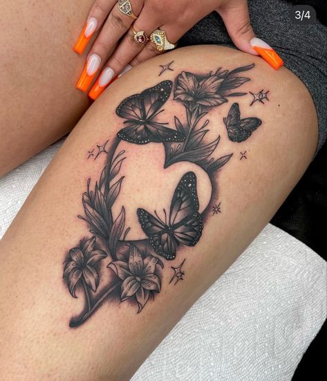 Butterfly And Flower Tattoo, Calf Tattoos For Women, Cute Thigh Tattoos, Rose Tattoos For Women, Hand Tattoos For Girls, Cute Hand Tattoos, Pretty Hand Tattoos, Butterfly Tattoos For Women, Tattoos For Women Flowers