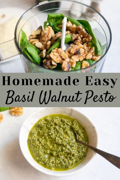 This homemade basil walnut pesto comes together in less than 10 minutes. Perfect for pasta, sandwiches, soups, and more! | basil pesto recipe | how to make pesto | walnut basil pesto recipe | #basilpesto | pipingpotcurry.com Pesto With Walnuts Recipes, Basil Walnut Pesto, Basil Pesto Recipe, Dips Recipes, Basil Pesto Recipes, Walnut Pesto, Basil Recipes, Walnut Recipes, Vegetarian Foods