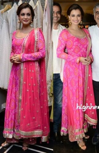 Diya Mirza radiant in bright pink anarkali by Anita Dongre. Bollywood Fashion. #diamirza #anitadongre #pink #anarkali #indianfashion #desifashion #brightpink #bollywoodfashion #actress @ @highheelconfidential via @sunjayjk Bhandini Saree Dress, Lehriya Anarkali Suits, Bandhani Anarkali Suits, Bandhani Suits Design, Bandhani Anarkali Dress, Bandhani Anarkali, Diya Mirza, Pink Anarkali, Bandhani Dress