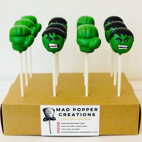 Hulk Cake Pols Hulk Cake Pops, The Hulk Cake, Hulk Birthday Party Decorations, Hulk Smash Party, Superhero Cake Pops, Hulk Smash Cake, Magnum Cake, Hulk Birthday Cakes, Animal Cake Pops