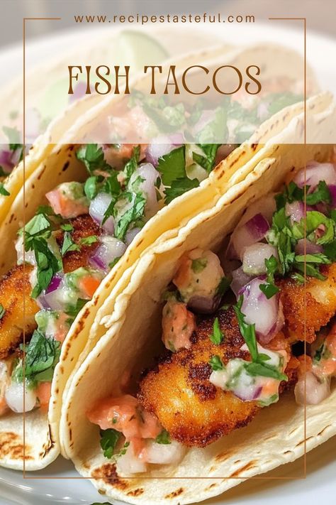 These delicious fish tacos are made with crispy fried fish, topped with a vibrant slaw and creamy cilantro lime crema. Perfect for a weeknight dinner or a gathering with friends, these tacos are sure to impress with their fresh flavors and satisfying crunch. Easy Fried Fish Tacos, Fish Tacos Toppings, Toppings For Fish Tacos, Fried Cod Fish Tacos, Cod Fish Tacos Recipes, Fish Taco Sides, Fried Fish Tacos Recipe, Fried Fish Taco, Fish Tacos With Slaw