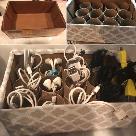 Charger Cable Organizer Diy, Cable Charger Organizer, Charger Organizer Diy, Phone Charger Organization Ideas, Storing Chargers And Cords, Cable Organization Storage, Cable Storage Ideas, Chargers Organization, Cardboard Organizer Diy