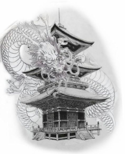 Japanese Temple Drawing, Japanese Temple Tattoo, Drake Tattoos, Koi Tattoo Sleeve, Pagoda Temple, Temple Tattoo, Tattoo Japanese Style, Girl Thigh Tattoos, Realistic Dragon