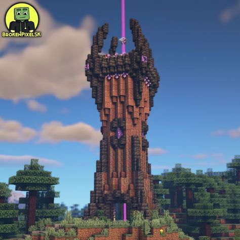 Magical Mage or Wizard Tower in Minecraft Dragon Tower Minecraft, Minecraft Magic Tower Ideas, Nether Tower Minecraft, Archer Tower Minecraft, Wizard Minecraft Builds, Minecraft Witch Tower Ideas, Magical Tower Minecraft, Minecraft Evil Tower, Minecraft Building Ideas Magic