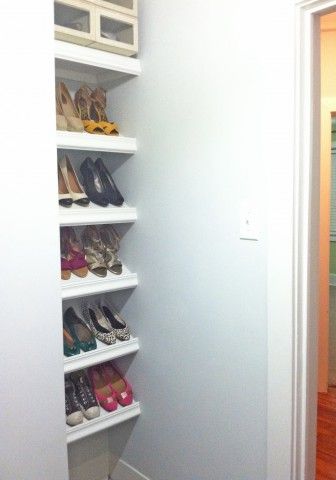 Designer Shoe Shelves on a Budget Shoe Shelf Diy, Shelves For Shoes, Shoe Shelf In Closet, Closet Shoe, Small Laundry Room Organization, Room Storage Diy, Diy Shoe Rack, Rental Kitchen, Shoe Shelves