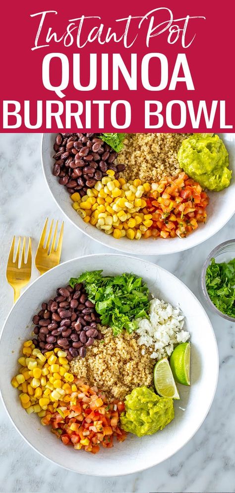 Making quinoa in the Instant Pot is so easy—it's perfect every time! Plus, get the recipe for my yummy vegetarian quinoa burrito bowl. Quinoa Burrito Bowl, Microbiome Recipes, Instant Pot Quinoa Recipes, Quinoa Burrito, Healthy Burrito Bowl, Instant Pot Quinoa, Sauteed Peppers And Onions, Burrito Bowls Recipe, Making Quinoa