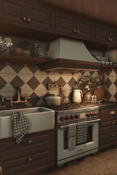 Late Night Cooking, Academia Kitchen, Sims 4 Penthouse, Dark Academia Kitchen, Cottage Core Bloxburg House, Academia House, Sims Aesthetic, Sims 4 Kitchen, Blocksburg Room Ideas￼