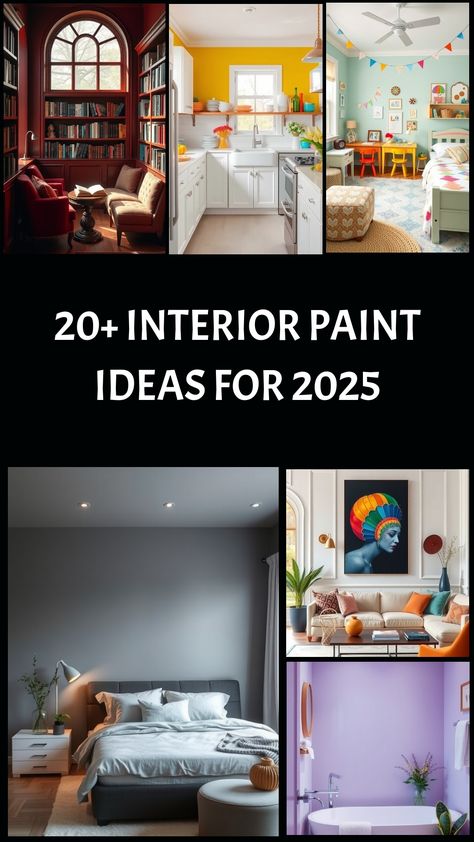 Collage of diverse interior paint ideas for 2025, featuring a library, kitchen, children's room, bedroom, and living room. Painting The House Interior Ideas, Paint Ideas For Interior House, Trim Color Same As Wall Color, Color Palette 2025 Interior, Inside Colors House Interiors, Paint Colors For High Ceiling Rooms, Teal House Color Scheme, Loft Paint Color Ideas, Trending Home Colors 2024