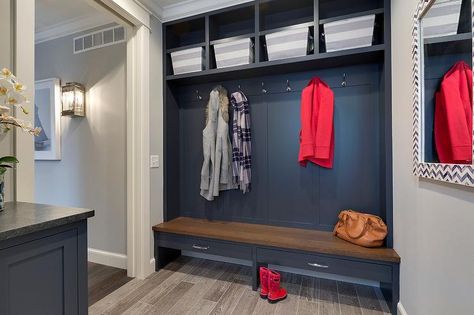 Navy Blue Mudroom Lockers with Wood Bench Mudroom Paneling, Mediterranean Laundry, Open Mudroom, Beadboard Mudroom, Gray Beadboard, Blue Mudroom, Country Laundry, Brick Herringbone, Wood Like Tile