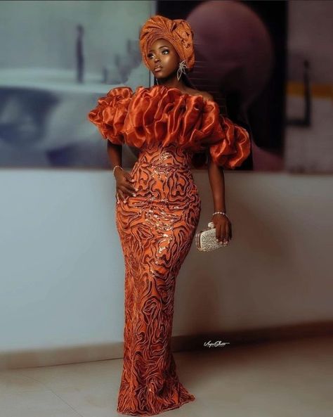 Stunning And Best Styles For Burnt Orange Asoebi Fabrics. Asoebi Gown Styles, Lace Dress African, Burnt Orange Lace Dress, Straight Gown, Wedding Dress Ruffle, Stylish Business Outfits, African Gowns, Official Makeup, Aso Ebi Lace