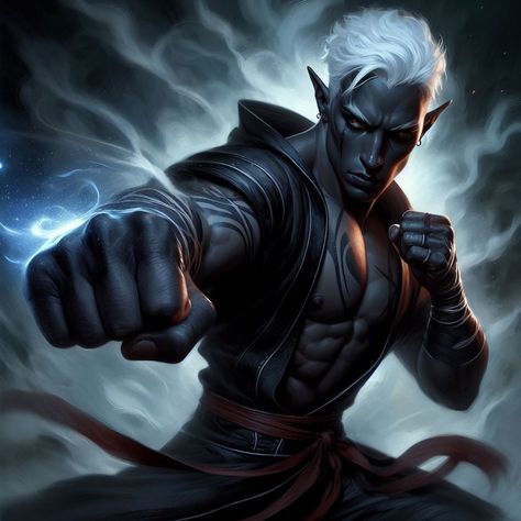 Image Creator Drow Monk, Elven Warlock Male, Black Haired Elf Male, Dark Skin Elf Male, Dark Elf Artwork, Monk Dnd, Drow Male, Half Drow, Dnd Elves