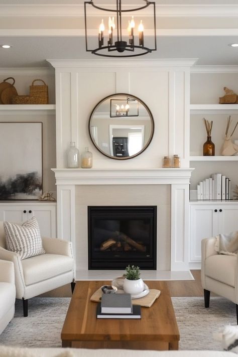 Simple Fireplace Wall Ideas, Craftsman Style Fireplace With Built Ins, How To Make A Fireplace, Built Ins By Fireplace, Craftsman Fireplace With Built Ins, Fireplace With Built Ins On Both Sides, Bookcase Mantle, Shelves Around Fireplace, Bookshelves Around Fireplace