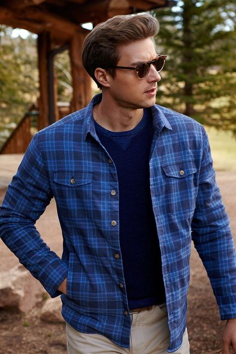 Plaid Shirt Outfits Men, Blue Plaid Shirt Outfit, Blue Flannel Outfits Men, Blue Flannel Outfits, American Casual Style, Leather Jacket Details, Flannel Outfits Men, Fleece Lined Flannel Shirt, Mens Street Style Summer